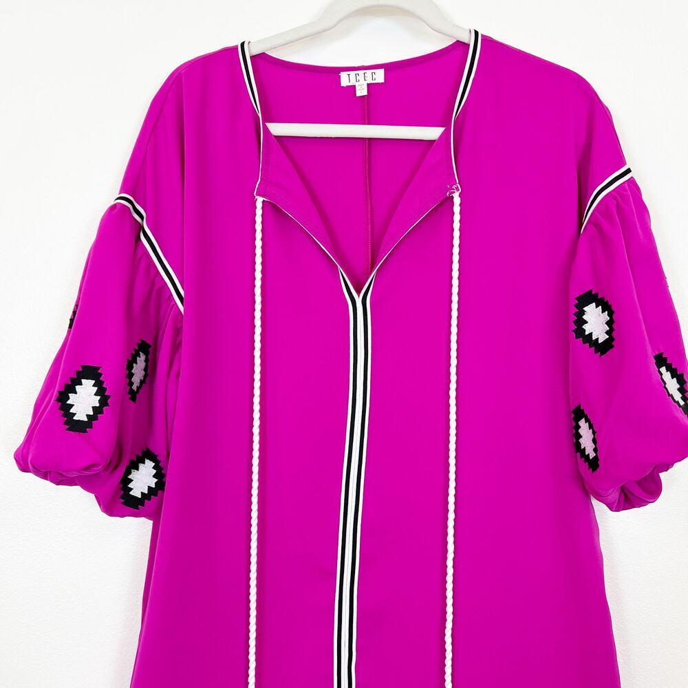 TCEC Fuchsia Pink Balloon Sleeve Dress With Front Tie Tassels Women's Large - Picture 2 of 10